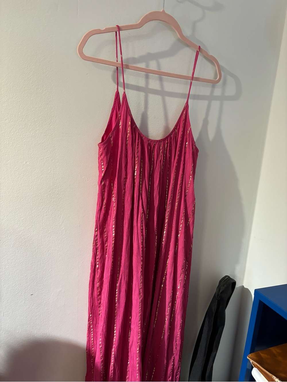 NWT En Creme Hot Pink Maxi Slip Dress with gold Metallic Stripes